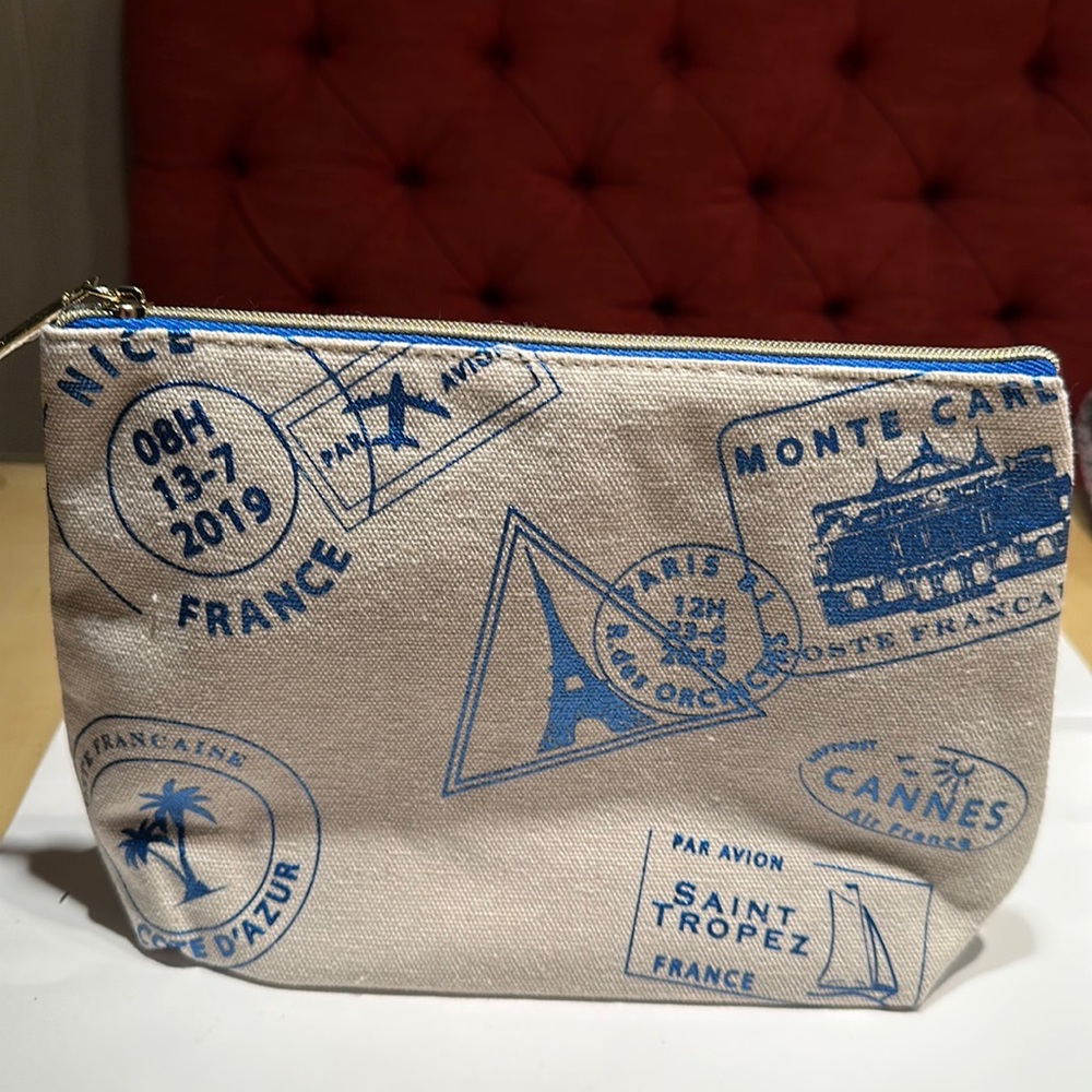 Lancome Paris Canvas Make-up Bag In Cream And Blue Letters And Lining.